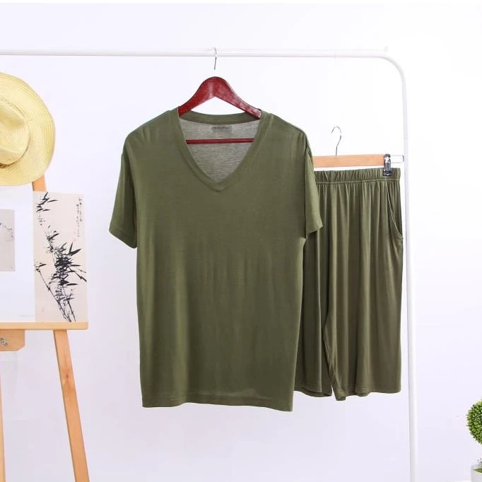Pyjama D'été Uni Pour Hommes T-shirt Col V Et Short • Moment Cocooning 4 Pyjama D'été Uni Pour Hommes T-shirt Col V Et Short • Moment Cocooning – Image 2