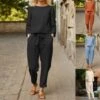 Ensemble Cocooning En Coton Et Lin, Pantalon Droit Et Haut Col Bateau • Moment Cocooning -Maison Série 76791 jpgavx