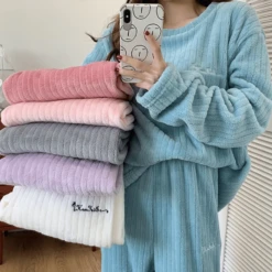 Pyjama Chaud En Velours à Rayures Pour Femme • Moment Cocooning -Maison Série BLEU